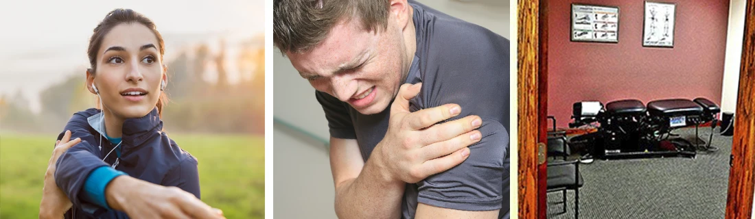 Collage showing outdoor stretching, shoulder discomfort, and a chiropractic adjustment room.